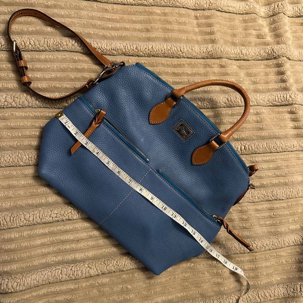 Dooney and Burke Blue Pebbled Satchel with Tan Trim